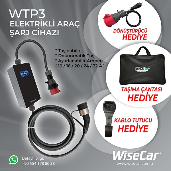 WiseCar WTP3 22 & 11 KW Taşınabilir Yapay Zeka Destekli Akıllı Elektrikli Araç Şarj Cihazı - Mobil Uygulama & WiseCar AI