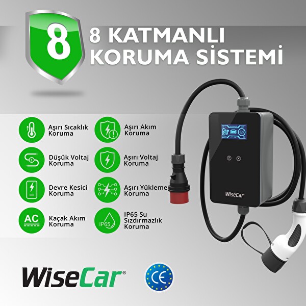 WiseCar WTP3 22 & 11 KW Taşınabilir Yapay Zeka Destekli Akıllı Elektrikli Araç Şarj Cihazı - Mobil Uygulama & WiseCar AI