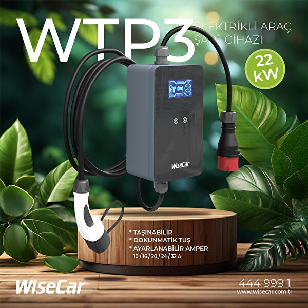 WiseCar WTP3 22 & 11 KW Taşınabilir Yapay Zeka Destekli Akıllı Elektrikli Araç Şarj Cihazı - Mobil Uygulama & WiseCar AI
