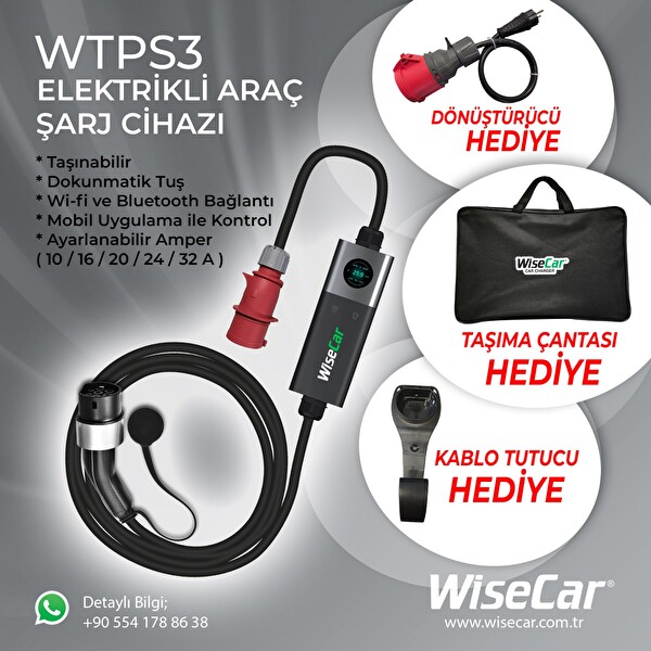 WiseCar WTPS3 22 KW Taşınabilir Elektrikli Araç Şarj Cihazı Mobil Uygulamalı - Wifi - Bluetooth