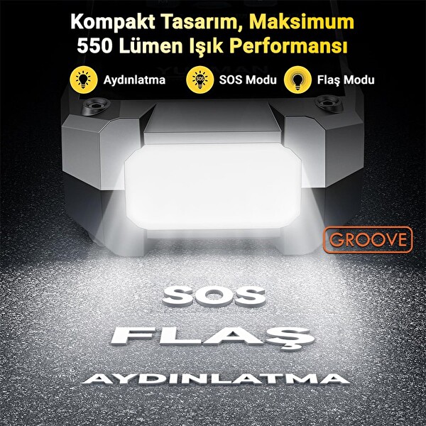 Groove F04 21800mAh 6000A Akü Takviye Cihazı-Lastik Şişirme Pompası Kompresörlü Jump Starter Çanta-Powerbank-Led Lamba-LCD Ekran
