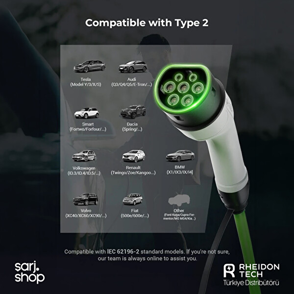 Rheidon Tech CC268-22kW Type 2 3 Faz 32A 6M IP54 EV Charging Cable Elektrikli Araç Şarj Kablosu