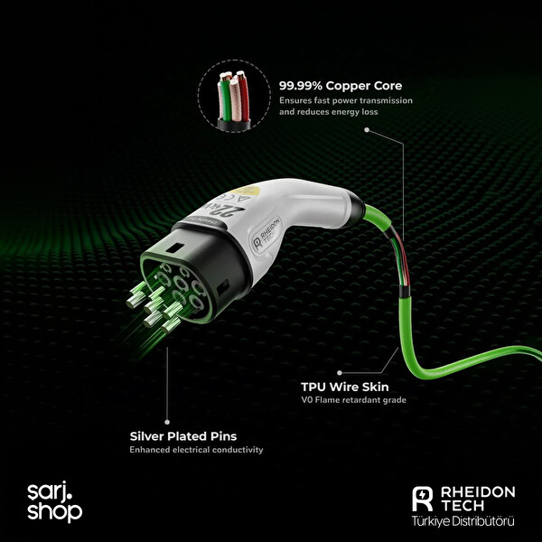 Rheidon Tech CC268-22kW Type 2 3 Faz 32A 6M IP54 EV Charging Cable Elektrikli Araç Şarj Kablosu