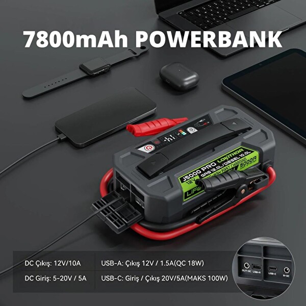 Lokithor J5000PRO 12V 5000Amp LiFePO4 Akıllı Akü Takviye - Powerbank - Led Lamba