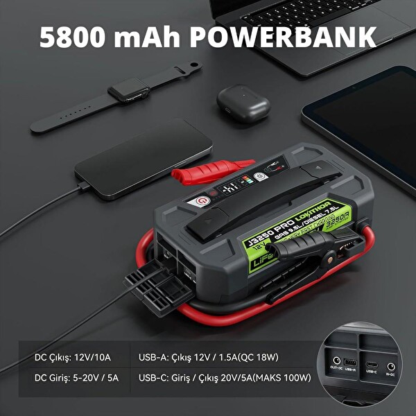 Lokithor J3250PRO 12V 3250Amp LiFePO4 Akıllı Akü Takviye - Powerbank - Led Lamba