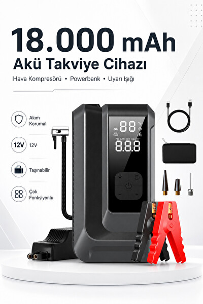 Laiser 18.000 mAh Akım Korumalı Akü Takviye Cihazı Lastik Şişirme Pompası Powerbank Özellikli LED Işıklı Kompresör