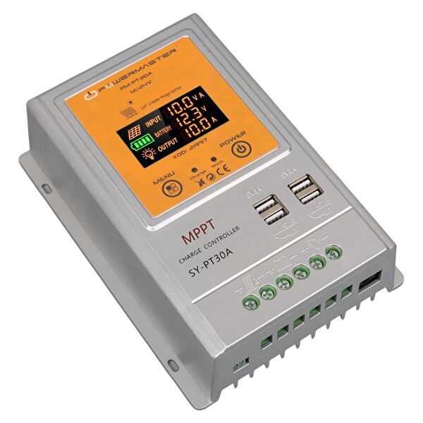 Powermaster PM-PT30A 12V-24V 30Amper MPPT 4 USB'li Dijital Alüminyum Kasa Solar Şarj Regülatörü