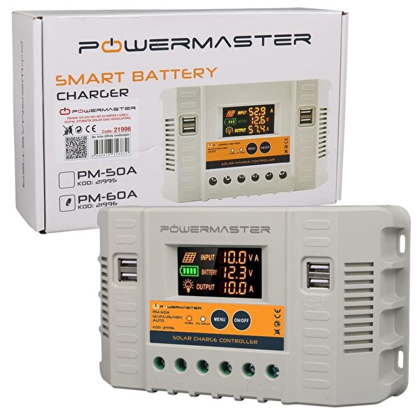 Powermaster PM-60A 12V-24V-36V-48V 60 Amper 4 USB'li Dijital Otomatik Solar Şarj Regülatörü