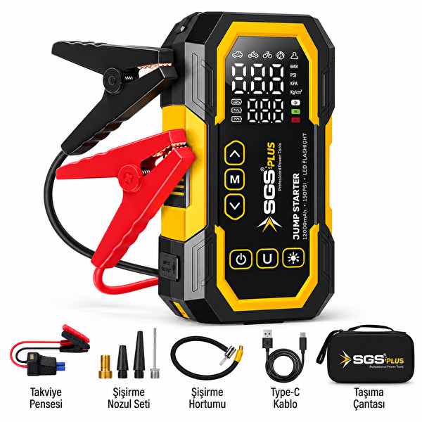 SGS Plus 4'ü 1 Arada Akım Korumalı Akü Takviye Cihazı - 12.000 mAh Powerbank 150 PSI Lastik Şişirme LED Fener