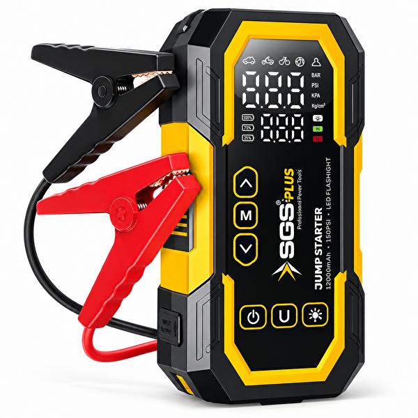 SGS Plus 4'ü 1 Arada Akım Korumalı Akü Takviye Cihazı - 12.000 mAh Powerbank 150 PSI Lastik Şişirme LED Fener