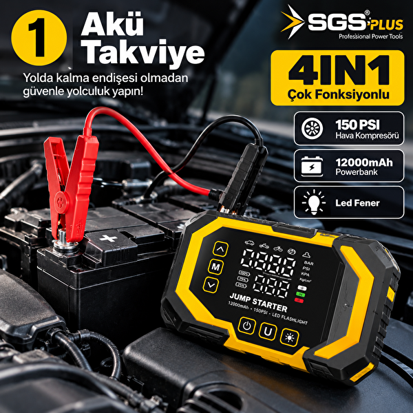SGS Plus 4'ü 1 Arada Akım Korumalı Akü Takviye Cihazı - 12.000 mAh Powerbank 150 PSI Lastik Şişirme LED Fener