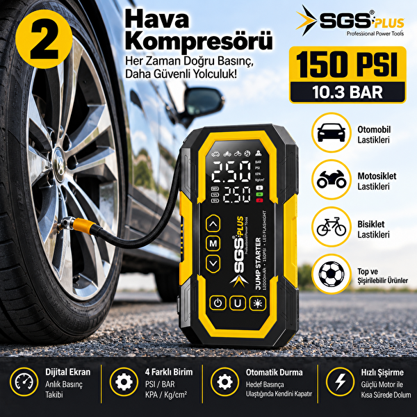SGS Plus 4'ü 1 Arada Akım Korumalı Akü Takviye Cihazı - 12.000 mAh Powerbank 150 PSI Lastik Şişirme LED Fener