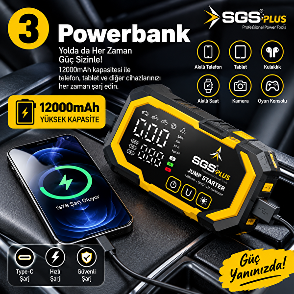 SGS Plus 4'ü 1 Arada Akım Korumalı Akü Takviye Cihazı - 12.000 mAh Powerbank 150 PSI Lastik Şişirme LED Fener