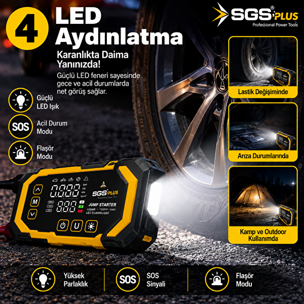 SGS Plus 4'ü 1 Arada Akım Korumalı Akü Takviye Cihazı - 12.000 mAh Powerbank 150 PSI Lastik Şişirme LED Fener
