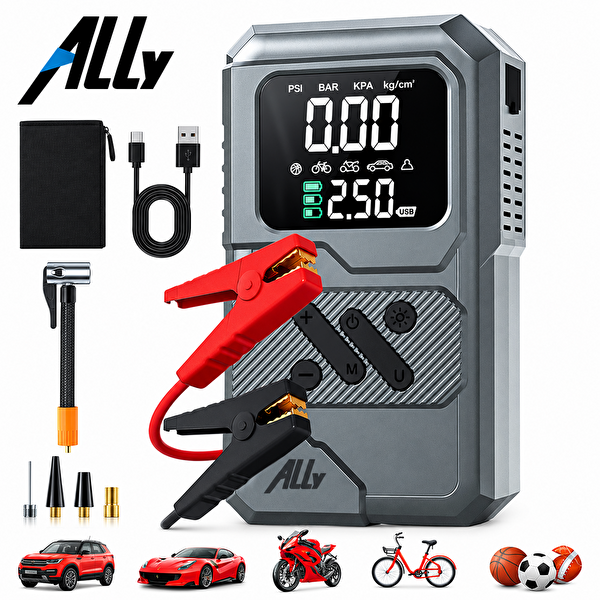 Ally 4'ü 1 Arada Jump Starter Lastik Şişirme Pompası ve Powerbank Özellikli Starter Siyah Akü Takviye Seti