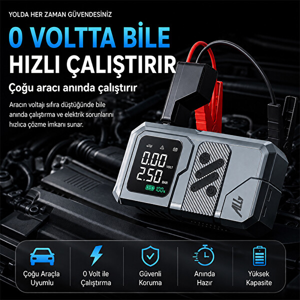 Ally 4'ü 1 Arada Jump Starter Lastik Şişirme Pompası ve Powerbank Özellikli Starter Siyah Akü Takviye Seti