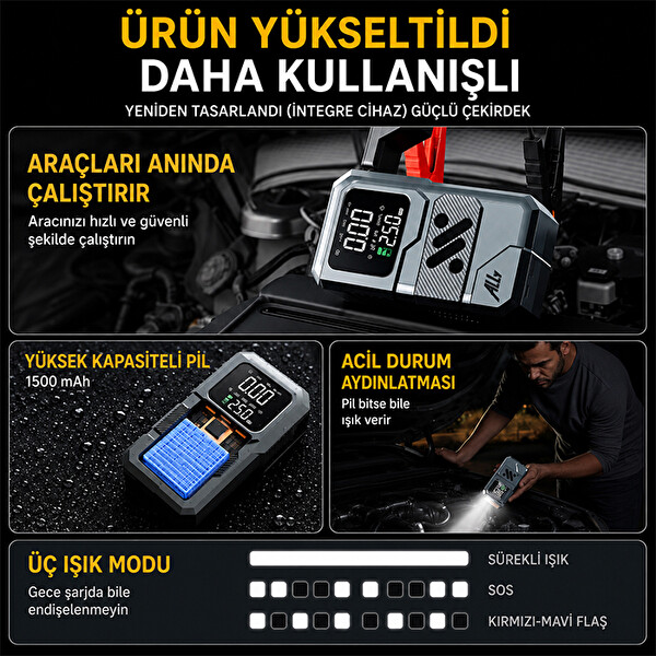 Ally 4'ü 1 Arada Jump Starter Lastik Şişirme Pompası ve Powerbank Özellikli Starter Siyah Akü Takviye Seti