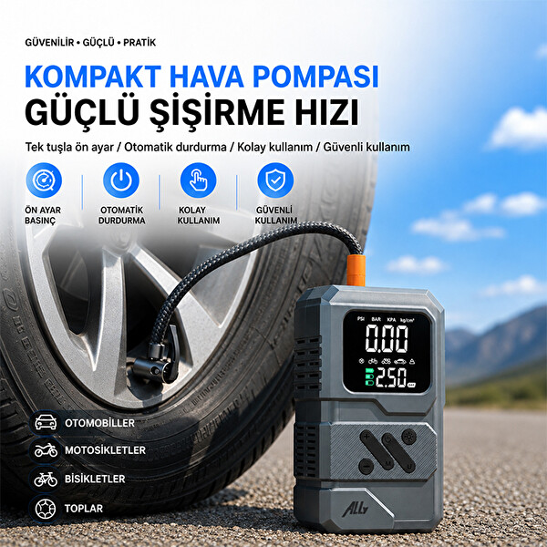 Ally 4'ü 1 Arada Jump Starter Lastik Şişirme Pompası ve Powerbank Özellikli Starter Siyah Akü Takviye Seti