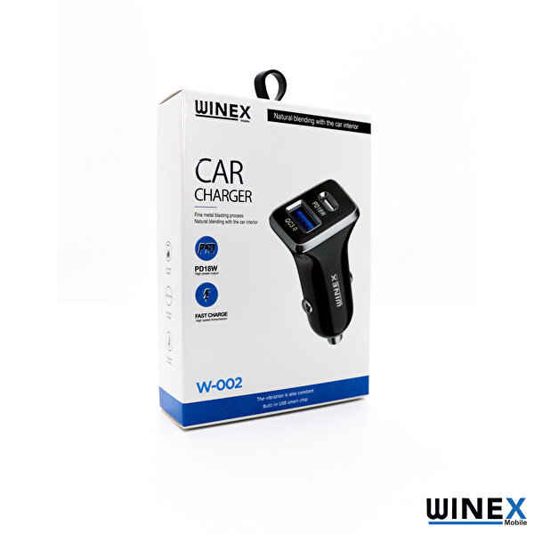 Winex W002 USB A PD18W Çift Çıkışlı 36 W Siyah Araç Şarj Aleti