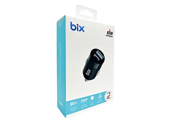 Bix BXAC65C 65W Type-C PD 3.0 Ve USB-A Çift Portlu Siyah Araç İçi Hızlı Şarj Cihazı
