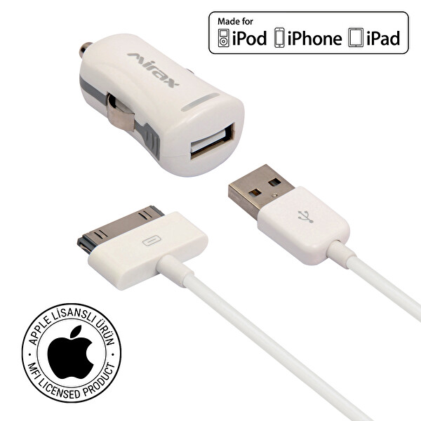 Mirax SCT-4210 30 Pin To USB 1 M Beyaz Araç Şarj Kiti