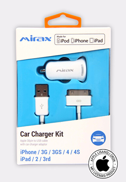 Mirax SCT-4210 30 Pin To USB 1 M Beyaz Araç Şarj Kiti