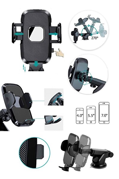 Mega Oto Market Vantuzlu 270 Derece Hareketli Araç İçi Telefon Tutucu
