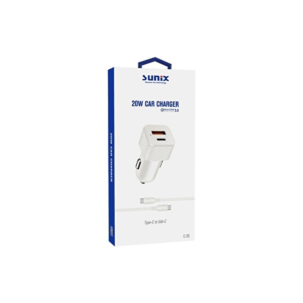 Sunix C-20 20W Qualcomm 3.0 USB-C Araç Şarj Seti
