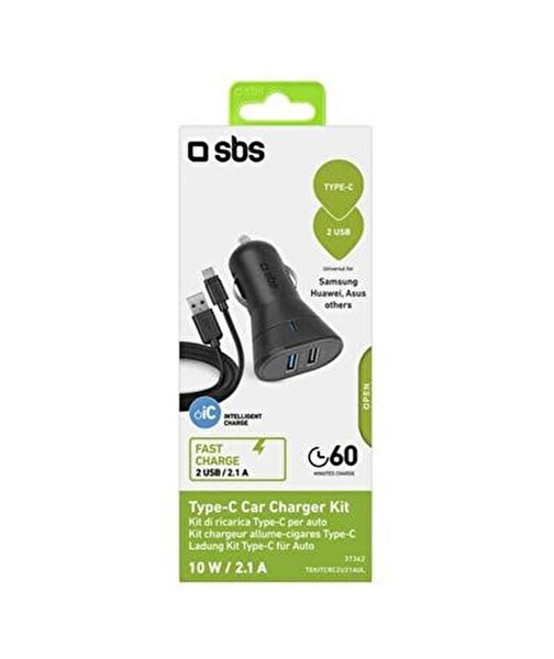 SBS Araç Şarj Cihazı - 2 USB Outputs-USB-C Kablo