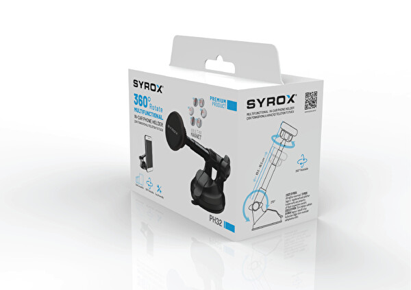 Syrox PH32 Çok Fonksiyonlu Açı Ayarlı Vantuzlu Mıknatıslı Araç İçi Telefon Tutucu - Siyah
