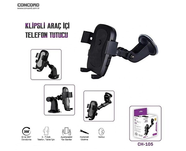 Concord CH105 Klipsi Vantuzlu Teleskopik Araç Telefon Tutucu