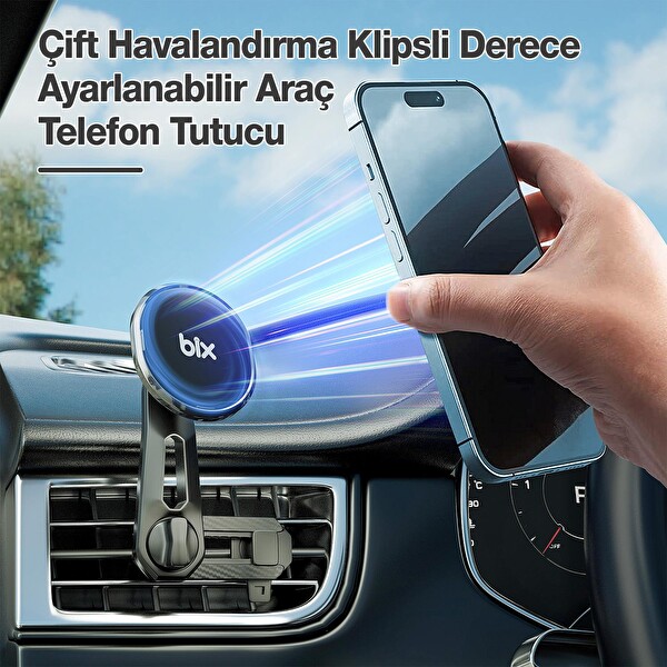 Bix Çift Havalandırma Klipsli ve Destek Kollu 360 Derece Ayarlanabilir Araç Telefon Tutucu