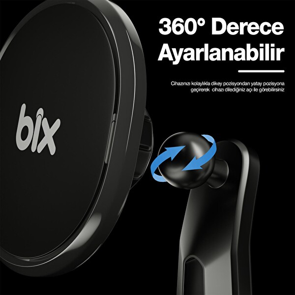 Bix Çift Havalandırma Klipsli ve Destek Kollu 360 Derece Ayarlanabilir Araç Telefon Tutucu
