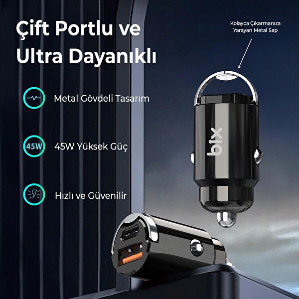Bix 45W Type-C PD ve USB-A QC 3.0 18W Çift Çıkışlı Mini Metal Araç Şarj Cihazı Siyah