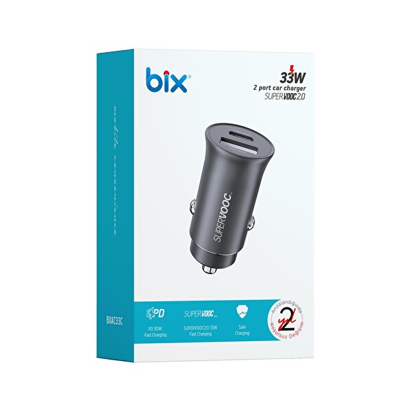 Bix 33W SuperVooc 2.0 Type-C PD ve USB-A Çift Portlu Araç içi Hızlı Şarj Cihazı