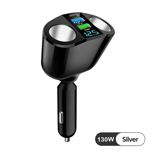 Mega Oto Market 360 Derece 130W Siyah 2'li Çakmaklık USB ve Type-C Soketli Araç Şarj Adaptörü - Süper Hızlı PD Şarj