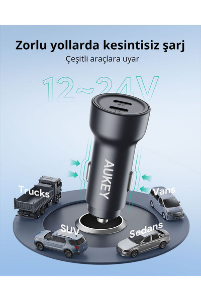Aukey CC-Y23-BK 65W İki Type-C PD Araç Şarj Cihazı
