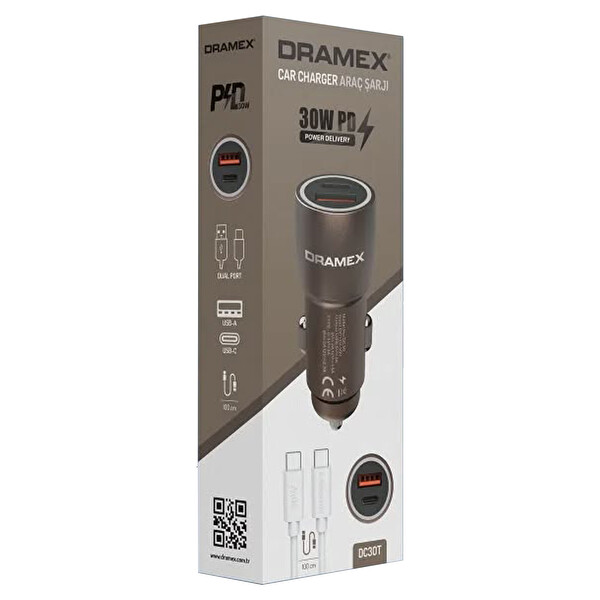 Dramex DC30T 3.1A 30W PD Q.C. 3.0 1mt Type-C - Type-C Kablolu 1xType-C + 1xUSB-A Port Çıkışlı Hızlı Araç Şarj Cihazı - Kahverengi