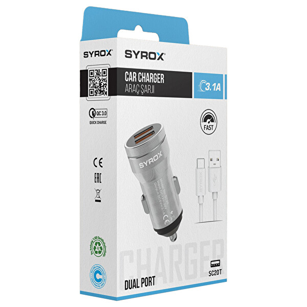Syrox SC20T 3.1A Q.C. 3.0 1 Metre USB-A - Type-C Kablolu 2xUSB-A Port Çıkışlı Hızlı Araç Şarj Cihazı - Gri