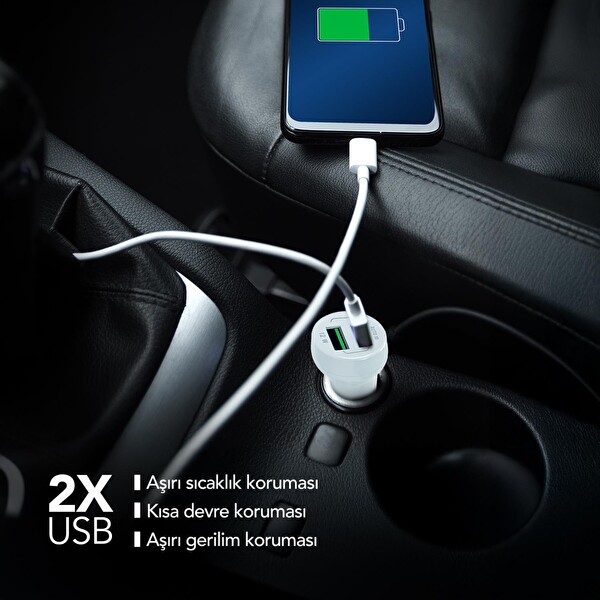 MF Product MFB102 2 USB Çıkışlı 12W Akım Korumalı Araç Çakmak Şarj Cihazı - Beyaz