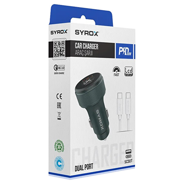 Syrox SC30T 3.1A 30W PD Q.C. 3.0 1 Metre Type-C Kablolu Dijital Ekranlı 1xType-C + 1xUSB-A Port Çıkışlı Hızlı Araç Şarj Cihazı