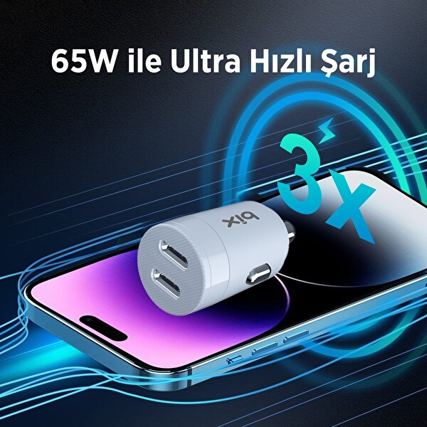 Bix BXCC65C 65W Çift Portlu Type-C Araç Şarj Aleti iPhone Android Notebook Mini Araç içi Şarj Cihazı Beyaz