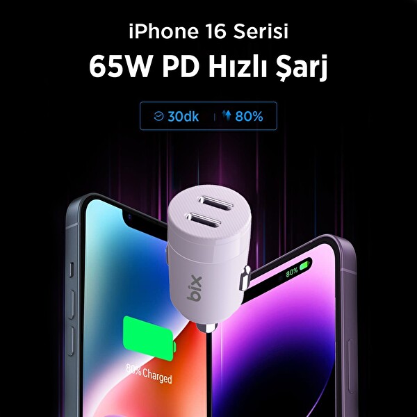 Bix BXCC65C 65W Çift Portlu Type-C Araç Şarj Aleti iPhone Android Notebook Mini Araç içi Şarj Cihazı Beyaz