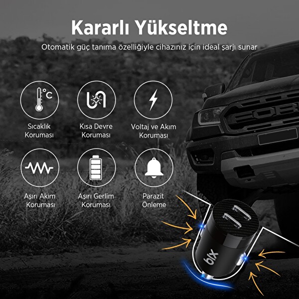 Bix BXCC65C 65W Çift Portlu Type-C Araç Şarj Aleti iPhone Android Notebook Mini Araç İçi Şarj Cihazı Siyah