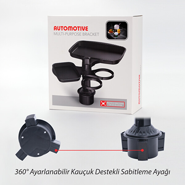 Mega Oto Market 360 Derece Bardak Tutucu ve Döner Tabla 4'ü 1 Arada Çok Amaçlı Bardaklık