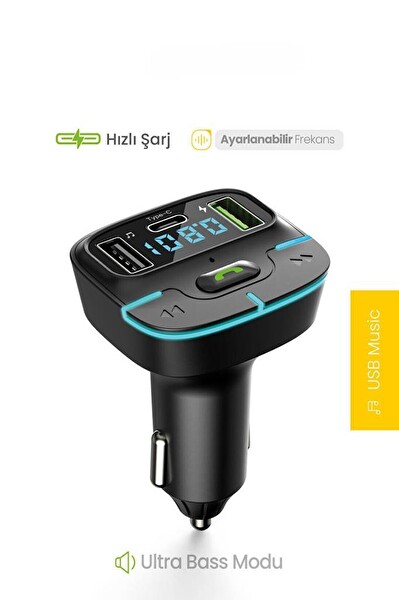 PDAteknoloji F9 Araç FM Transmitter 5.3 Bluetooth Araç Kiti USB Type-C Hızlı Şarj Çıkışlı Çakmaklık Girişli