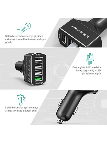 Ravpower RP-VC003 Car Charger 4-Port Charge 3.0 54W Araç Şarjı