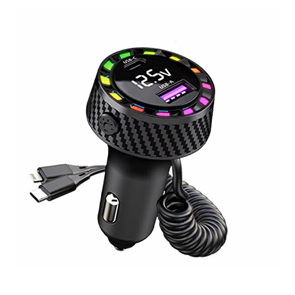 Mega Oto Market RGB Led Karbon Desenli Yaylı Kablolu 15W Araç Çakmaklık Şarj Cihazı - iPhone Type-C Çıkışlı FR-422