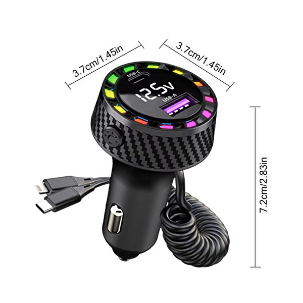Mega Oto Market RGB Led Karbon Desenli Yaylı Kablolu 15W Araç Çakmaklık Şarj Cihazı - iPhone Type-C Çıkışlı FR-422