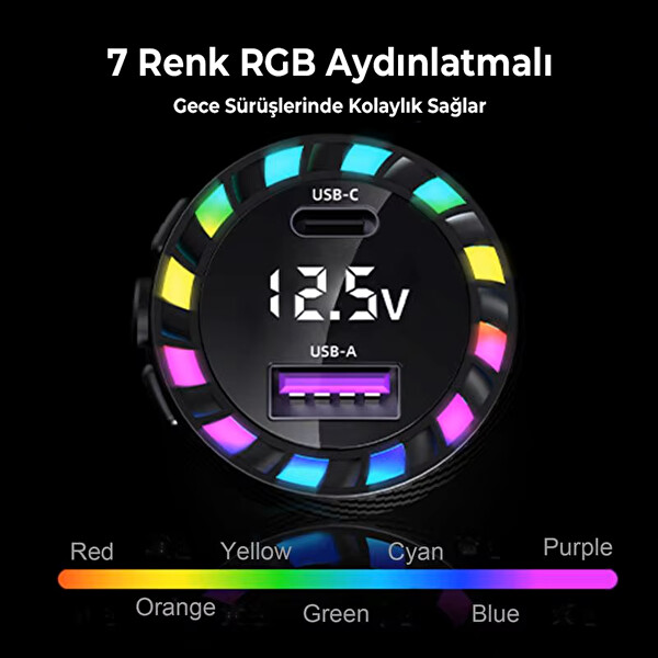 Mega Oto Market RGB Led Karbon Desenli Yaylı Kablolu 15W Araç Çakmaklık Şarj Cihazı - iPhone Type-C Çıkışlı FR-422